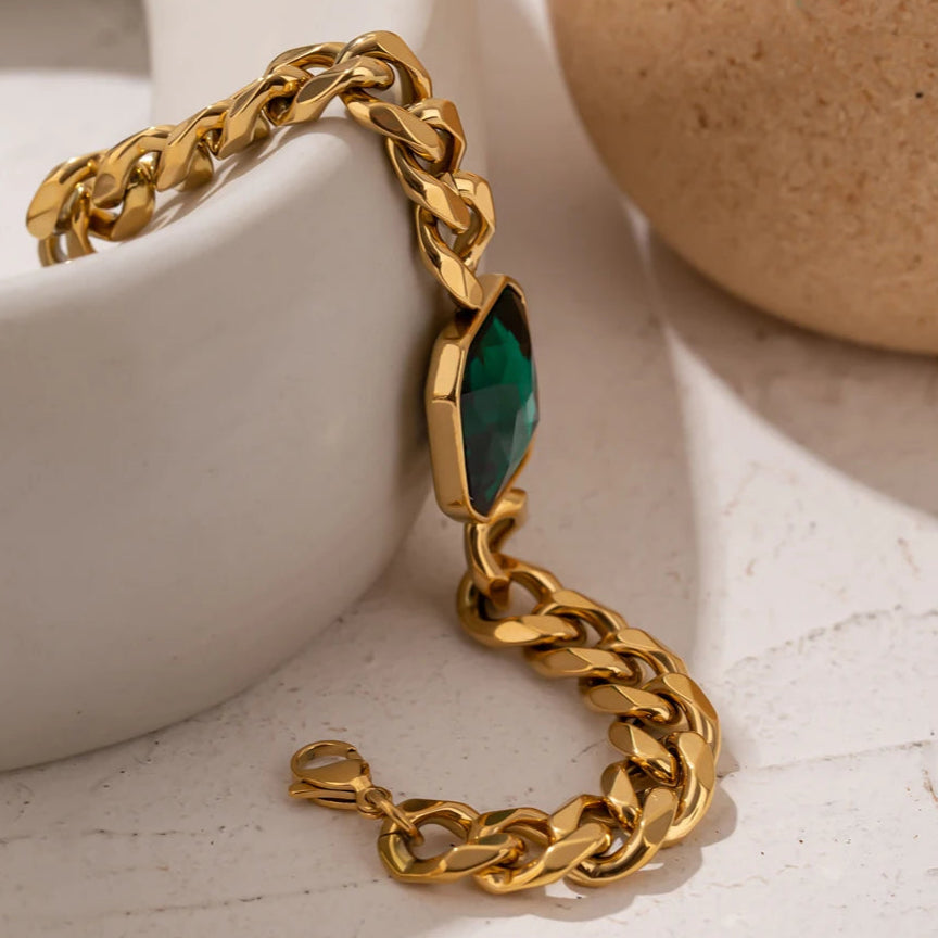 Pulseira Feminina Shearer com Pedra Natural Verde Banhada à Ouro 18k